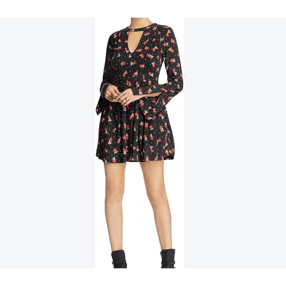 Free People Black Floral Polka Dot Choker Cutout Mini Dress Long Bell Sleeve 4